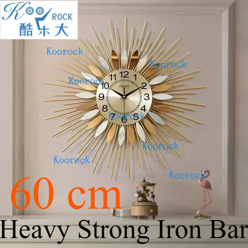60cm Radiant Sun Wall Clock with Golden Iron Bars & Orange Flame Iron Plates, Heavy-Duty Design, Symbolizing Hope & Prosperity