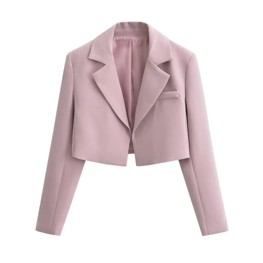 

Women's High Waist Shoulder Pad Long Sleeve Suit Jacket Elegant Buckle-Free Short Top for Autumn Solid Color