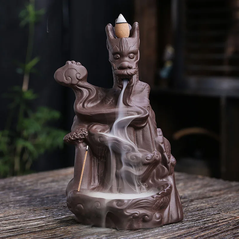 1 Stück, Lila Ton-Drachen-Räuchergefäß mit Rückfluss, Kreativer Berg-Rauchfluss, Glücksbringer Feng Shui Ornament (ohne Räucherstäbchen)
