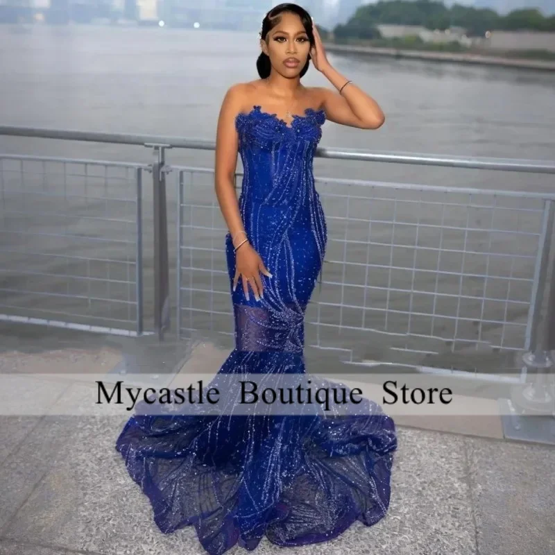 Luxury Blue Prom Dresses 2026 Sweetheart Sequin Beads Mermaid Party Gowns For Black Girls Maxi vestidos de graduación Customized