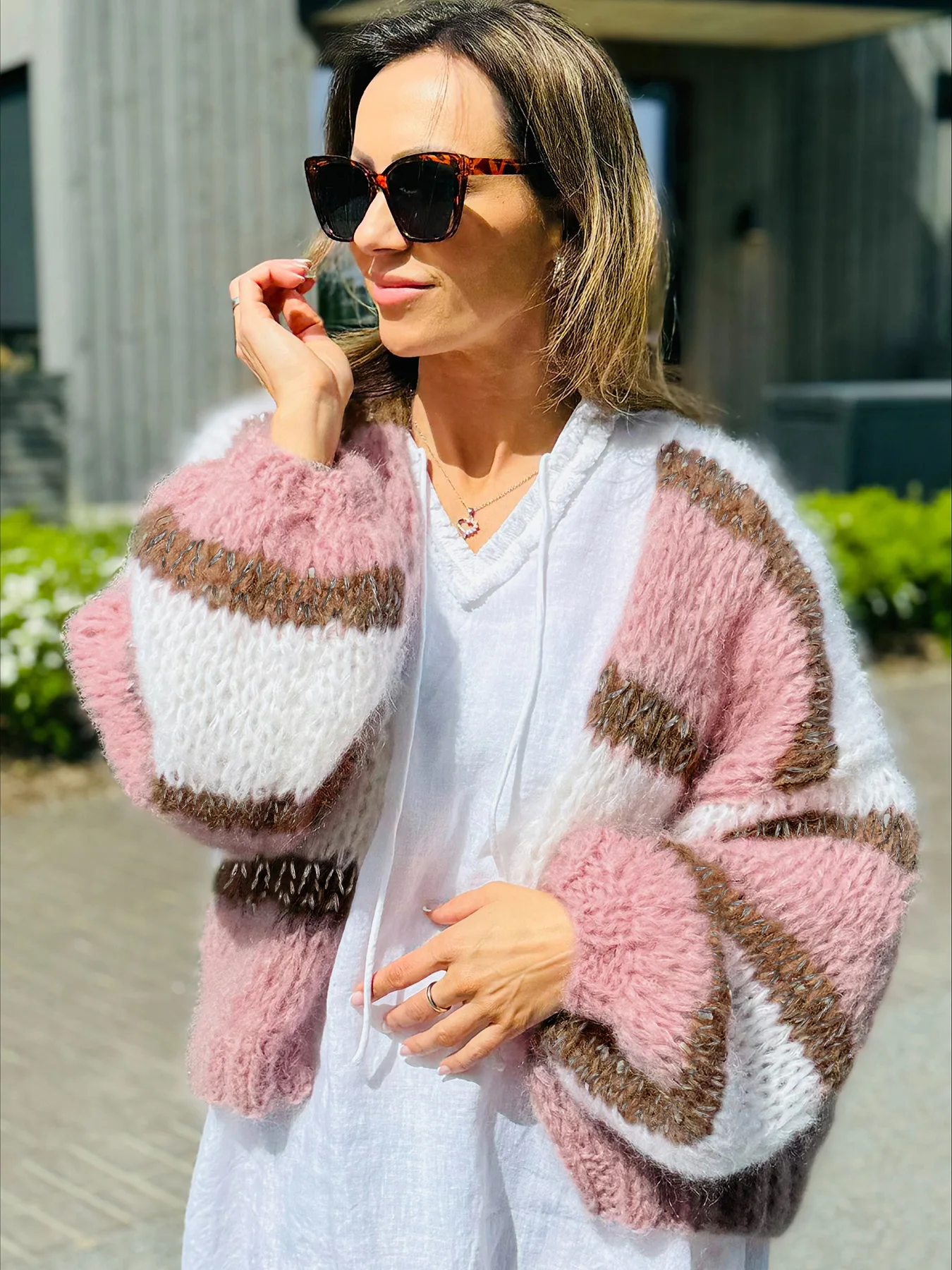 2025 Casual V-neck Ladies Knitted Cardigans Long Sleeve Loose Women Sweater Stripe Autumn Winter Knitwear Jackets