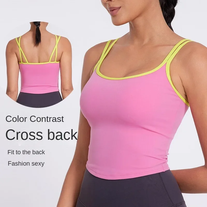 

Thin shoulder strap contrasting color cross integrated sports vest versatile fitness running sports underwear yoga clothes women