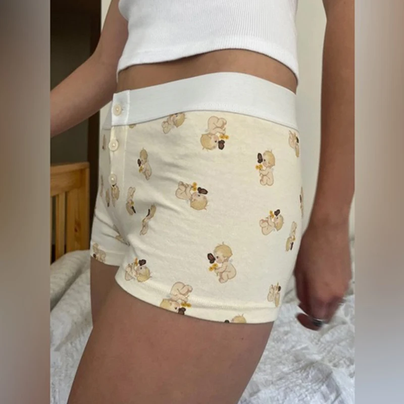 Desenhos animados Imprimir Boyshorts Slim Fit para Mulheres, Button Down, Cintura Baixa, Loungewear Inferior, Pijama Retro, Estético, Y2K Cottage, 2000s