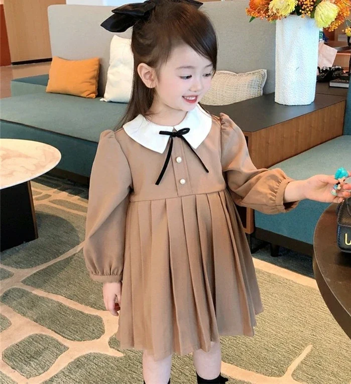 Girl Dress Spring Autumn Baby Children Clothing Personality Tide Korean Fashionable Doll Collar Princess Pleated 2024