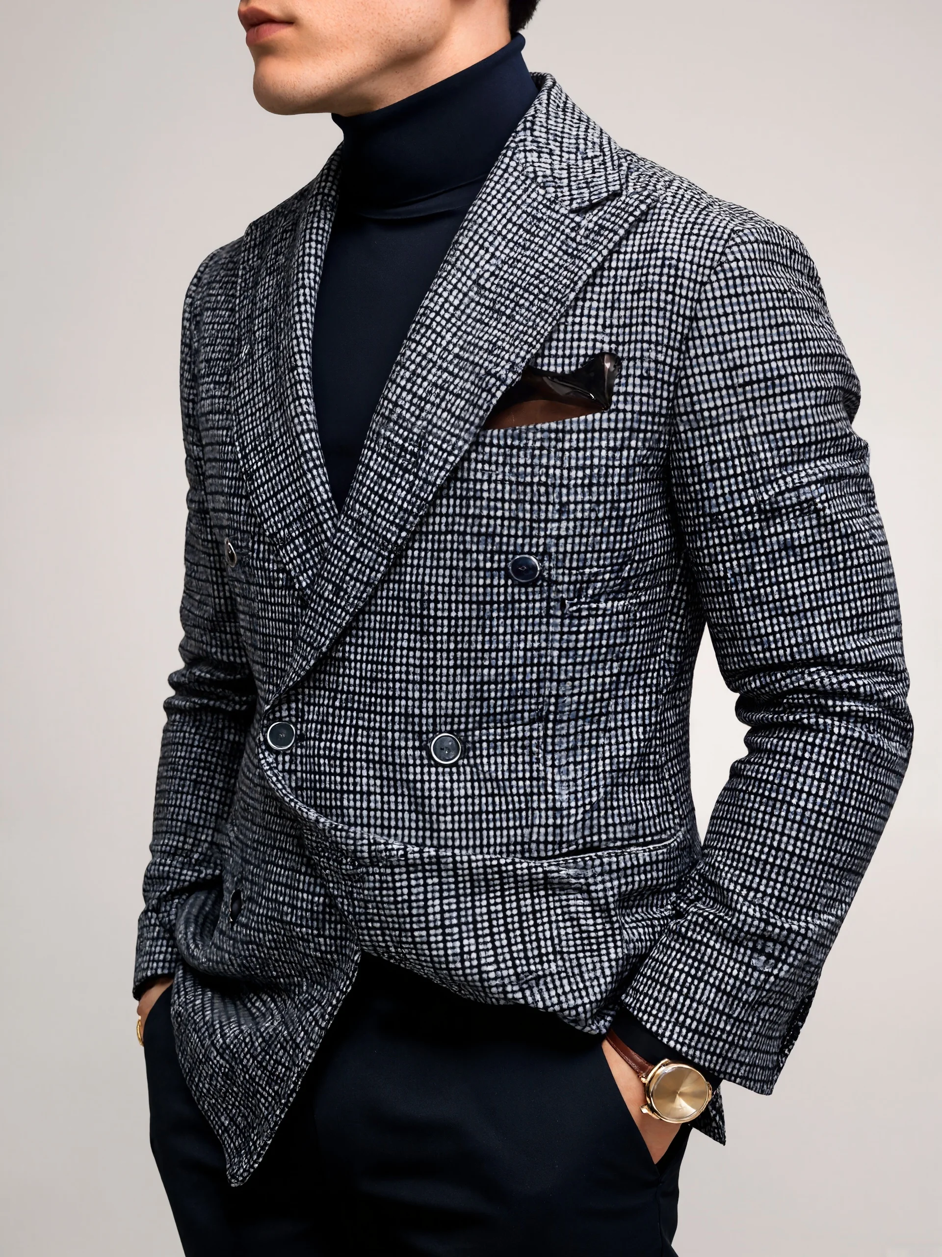 

Men's Slim Fit Blazer 2025 Spring Autumn Plaid Suit Jacket Double Breasted Long Sleeve Business Casual Coat Male Outerwear