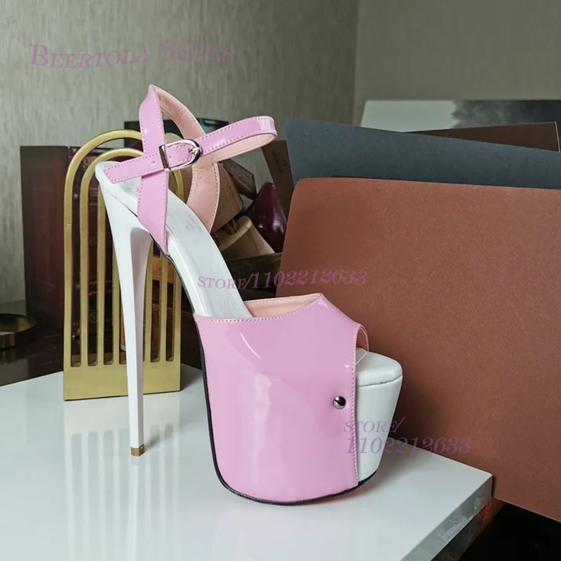 Patent Leather Pink White Mixed Colors Platform Sandały damskie Peep Toe Heels Open Buckle Shallow Mouth Pole Dance Hollow Shoes