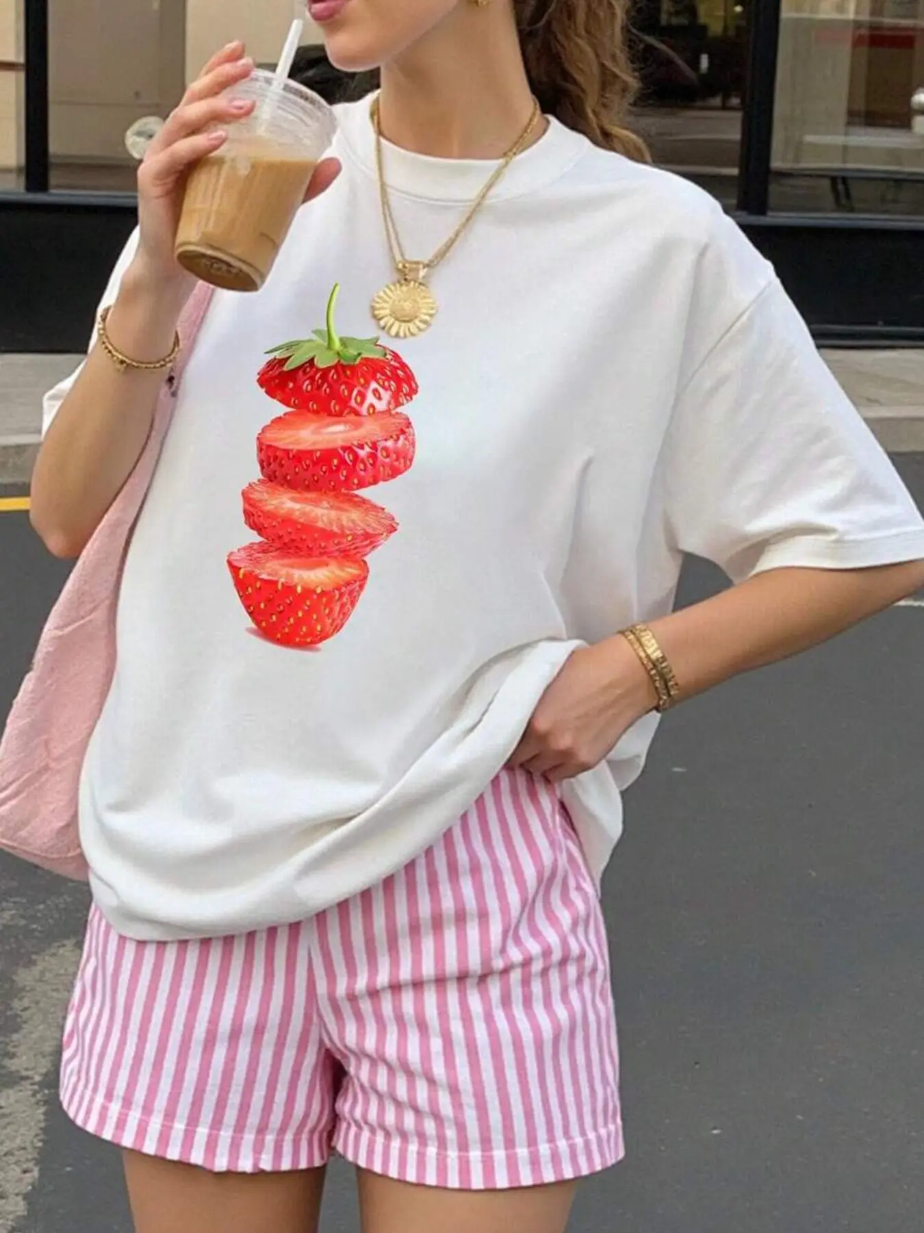 

Plus - Size Fresh Fruit - themed Tee, White Short - Sleeve with Strawberry Slice Print