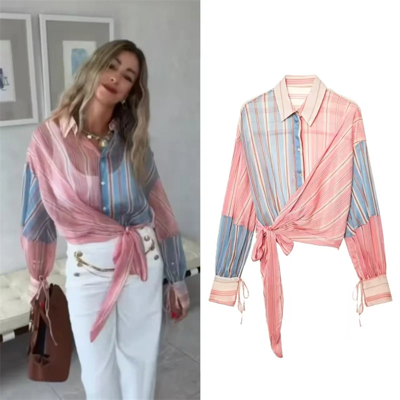 

Women's Shirt 2026 Summer New Style Color-Block Long Sleeve Tie-Decorated Sexy Sheer Lightweight Top Fashionable and Unique