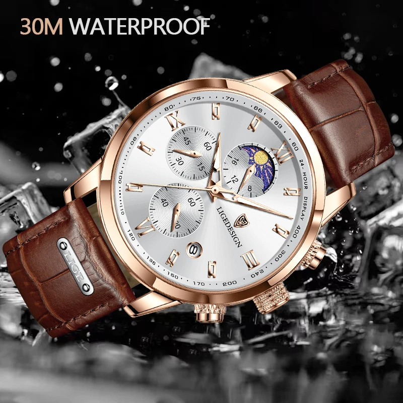 LIGE Men Watch Luxury Leather Waterproof Sport Quartz Wristwatch Chronograph Military Watch for Men Relogio Masculino Men‘s Gif