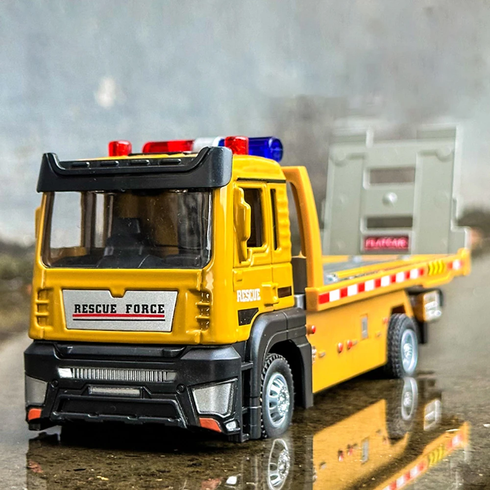 1:32 Flat Trailerk VAN Type Alloy Model Simulation Metal Car Transporter Wrecker Truck Pull Back Sound and Light Toy Truck