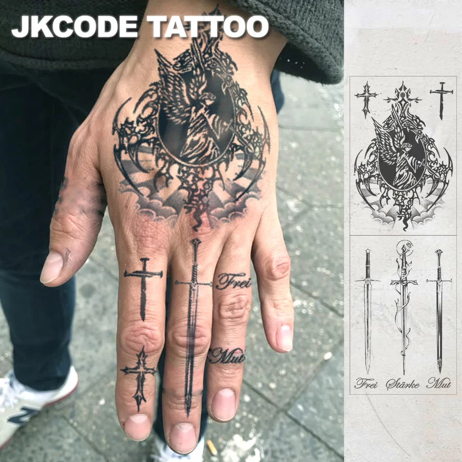 

Waterproof Design Semi-Permanent Tattoos, Hand-Drawn Y2K Style Cross Tattoo - Sword Tattoo - Fashionable English and German Style Men's Tattoo - Temporary Tattoo for Neck, Hand, and Finger That Lasts for 15 Days