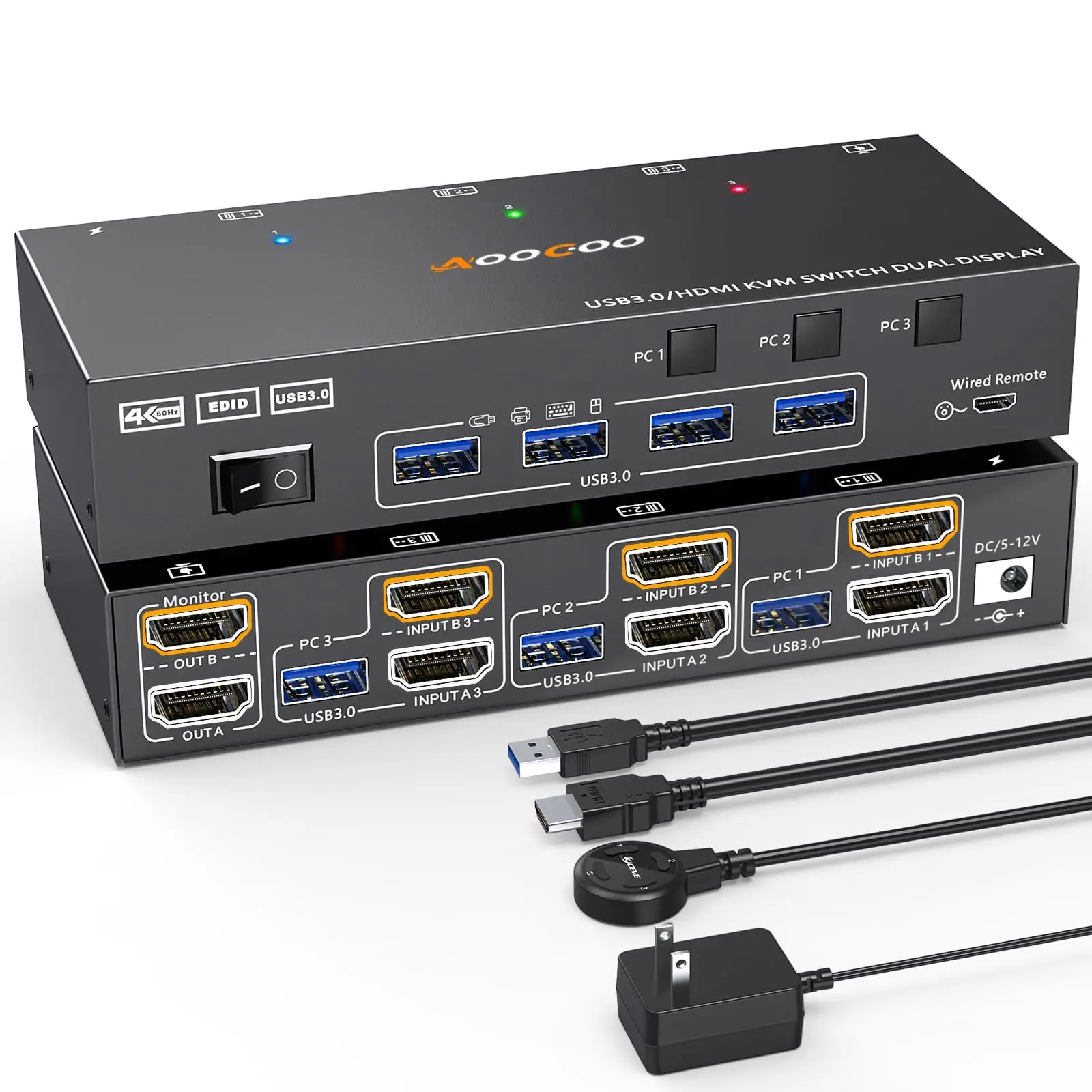 4K@60Hz/2K@120Hz HDMI KVM Switch 2 Monitors 3 PC, USB 3.0 KVM Switches with Wired Remote,Power Adapter and USB3.0 Cables - Image 2