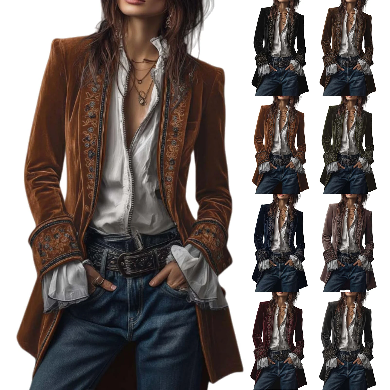 Abrigo Vintage étnico de terciopelo con estampado Floral para mujer, chaquetas ajustadas elegantes para otoño, cárdigan para mujer, prendas de vestir exteriores de manga larga para invierno