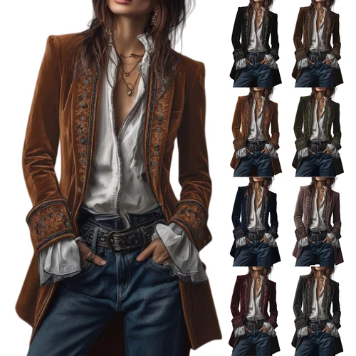 Imagen 2 del producto Abrigo informal de manga larga para mujer, abrigo ajustado de terciopelo de retales elegante para otoño e invierno, cárdigan con estampado de patrón Vintage, chaquetas