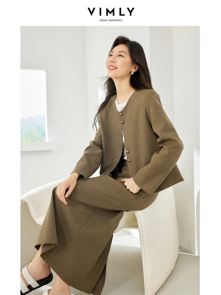 Vimly 2 Piece Sets Women Outfit O-neck Cropped Jacket Elastic Waist Split Maxi Skirt 2023 Autumn Office Lady Matching Sets 16075