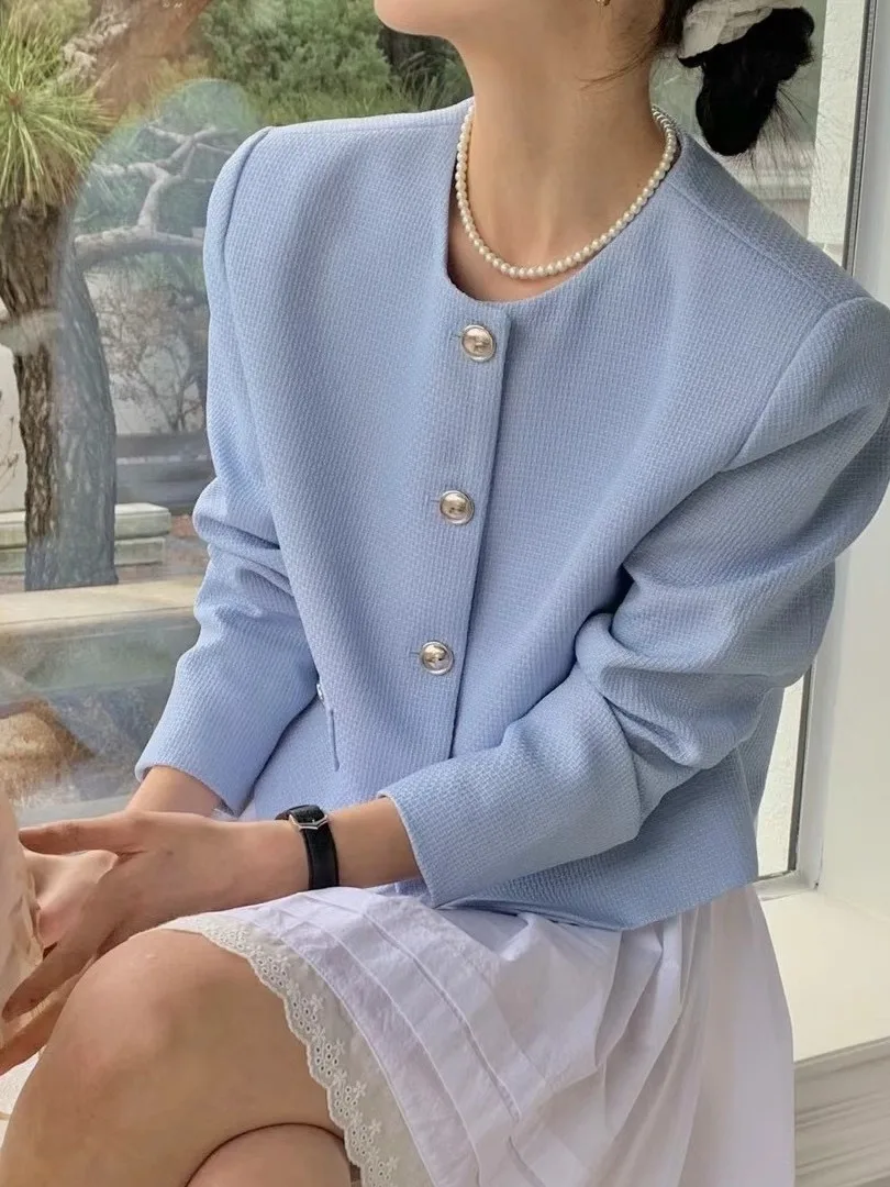 Blauw Koreaans Sle Loose Fit Lang Sve rond Ne Single Button Damespak Jaet Chic Casual Vest Top voor woon-werkverkeer