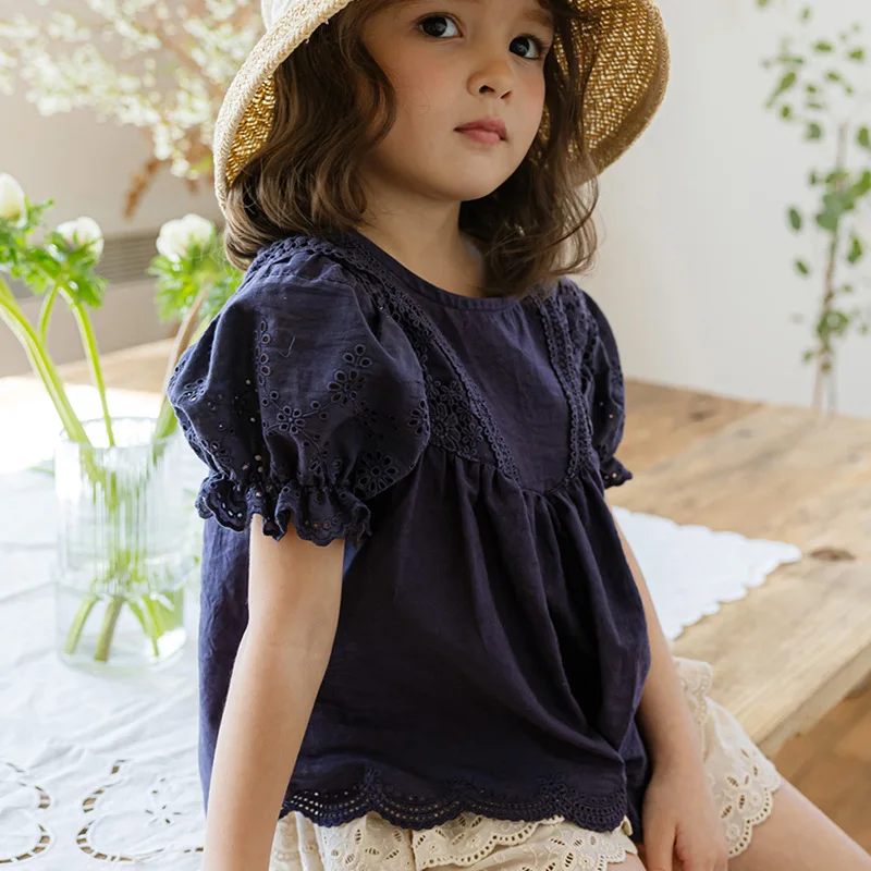 2024 Summer Korean Style  Girls and Children\'s Sweet and Cute Cotton Bubble Sleeves Short Sleeved Shirt