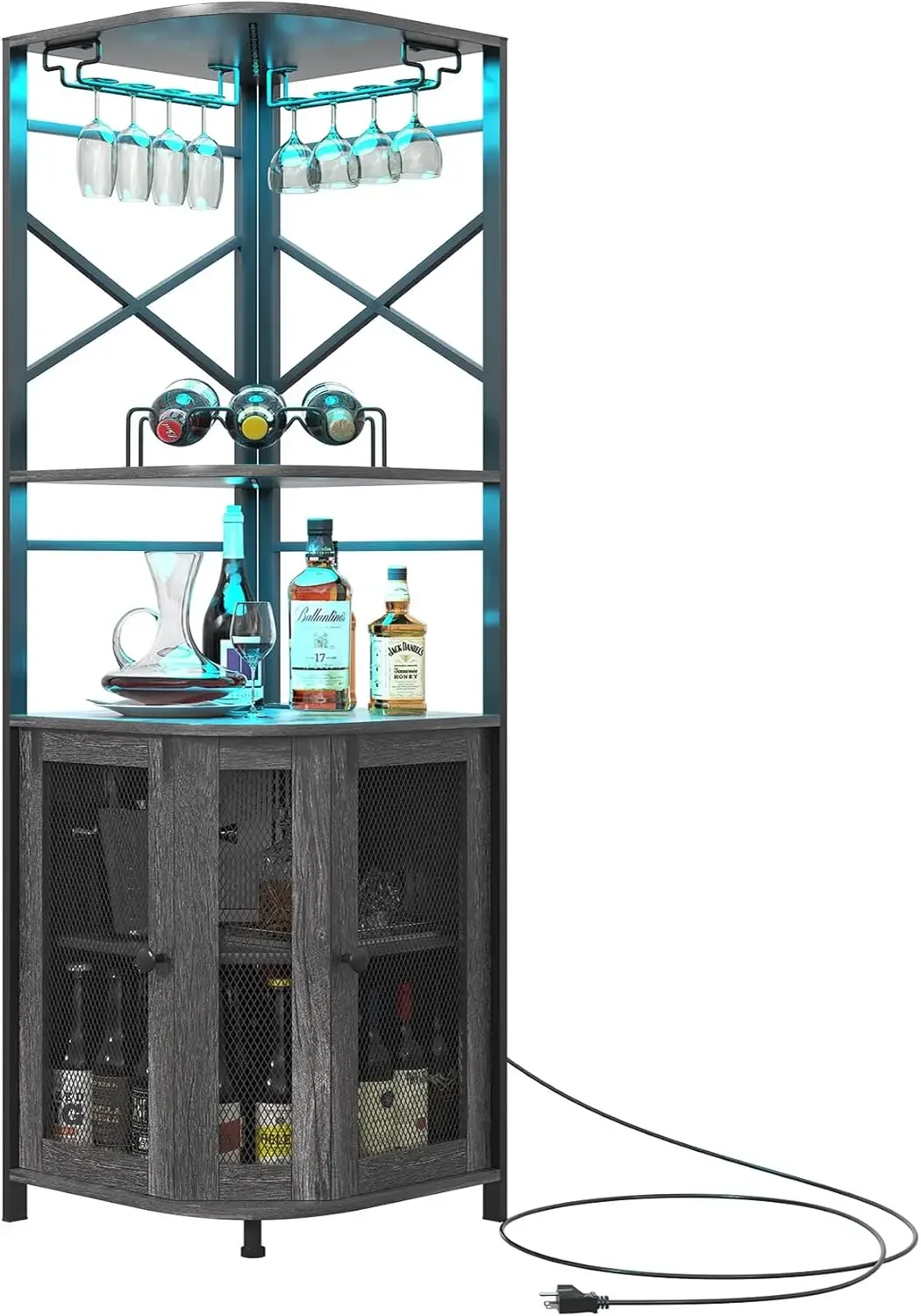 Corner Bar Cabinet With Power Outlet, 5-Tier Industrial Wine Cabinet With Led Strip And Glass Holder, Led Liquor Cabinet Bar