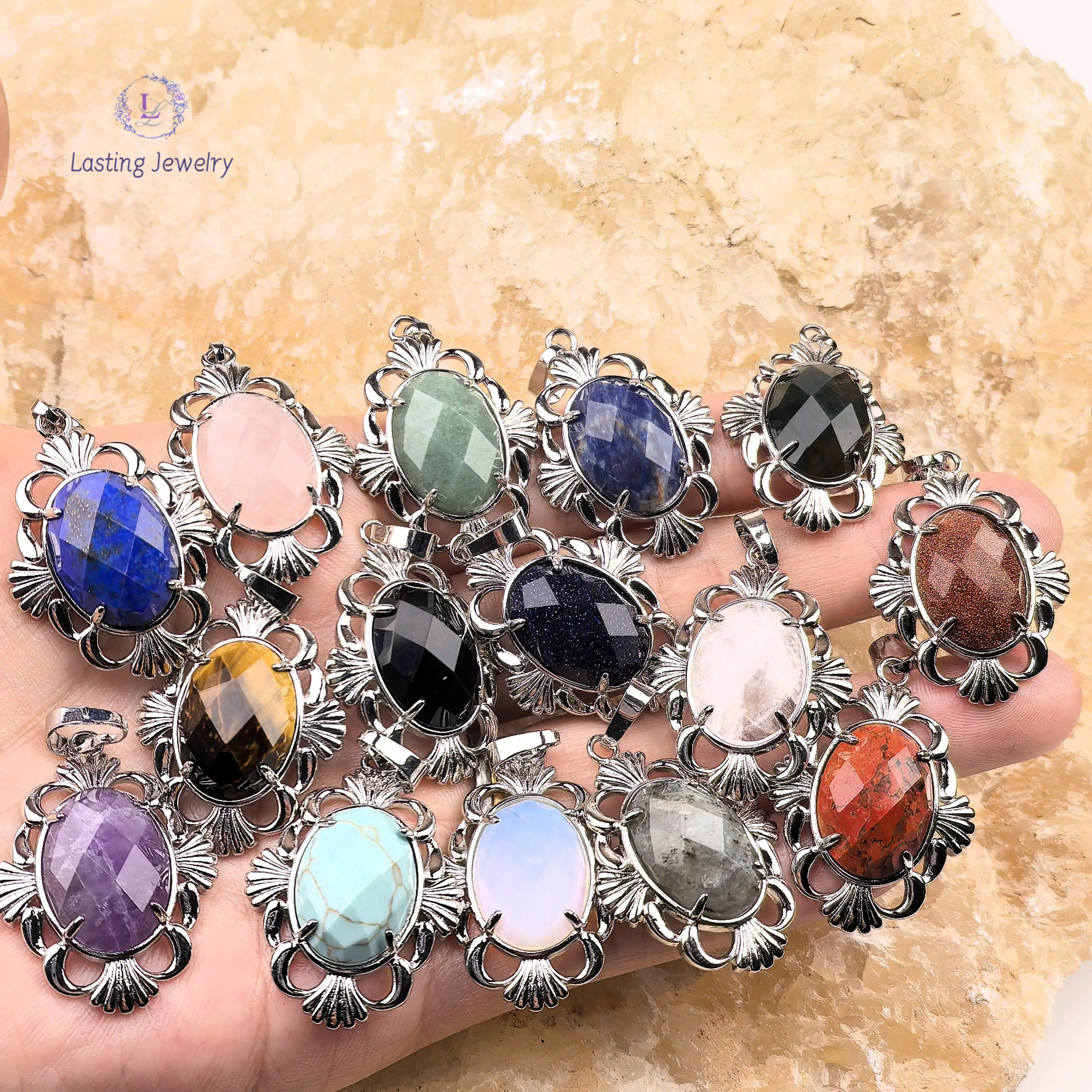 

Reiki Crystal Oval Pendants Sliver Plated Healing Quartz Amethyst Labradorite Faceted Gemstone Charms Pendulum Necklace Jewelry