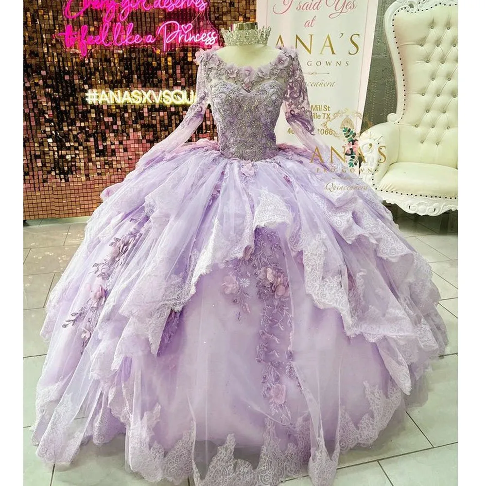 

Лавандовое пышное платье Quinceanera, бальное платье с длинными рукавами, тюлевые аппликации, кружево, расшитое бисером, мексиканские милые платья 16, 15 Anos