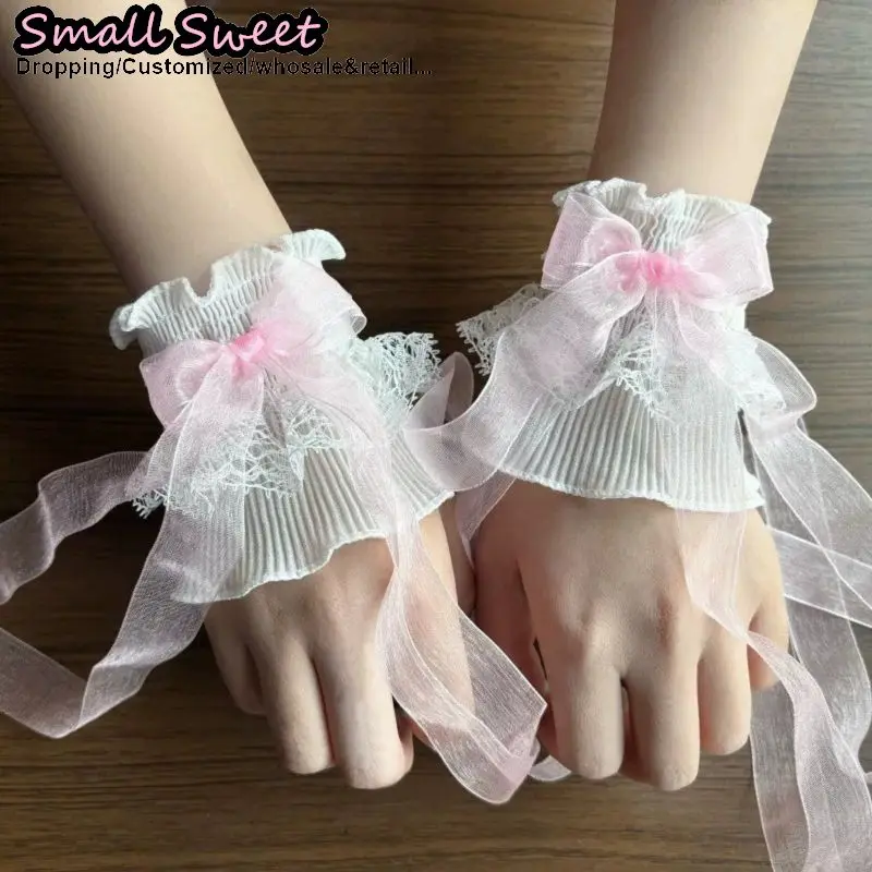 Women Y2K Yami Kawaii Girl Lace Trim Bow Arm Sleeves Lolita Tulle Ribbons Wedding Accessories Jk Matching Bangleswrist Cuff view 6