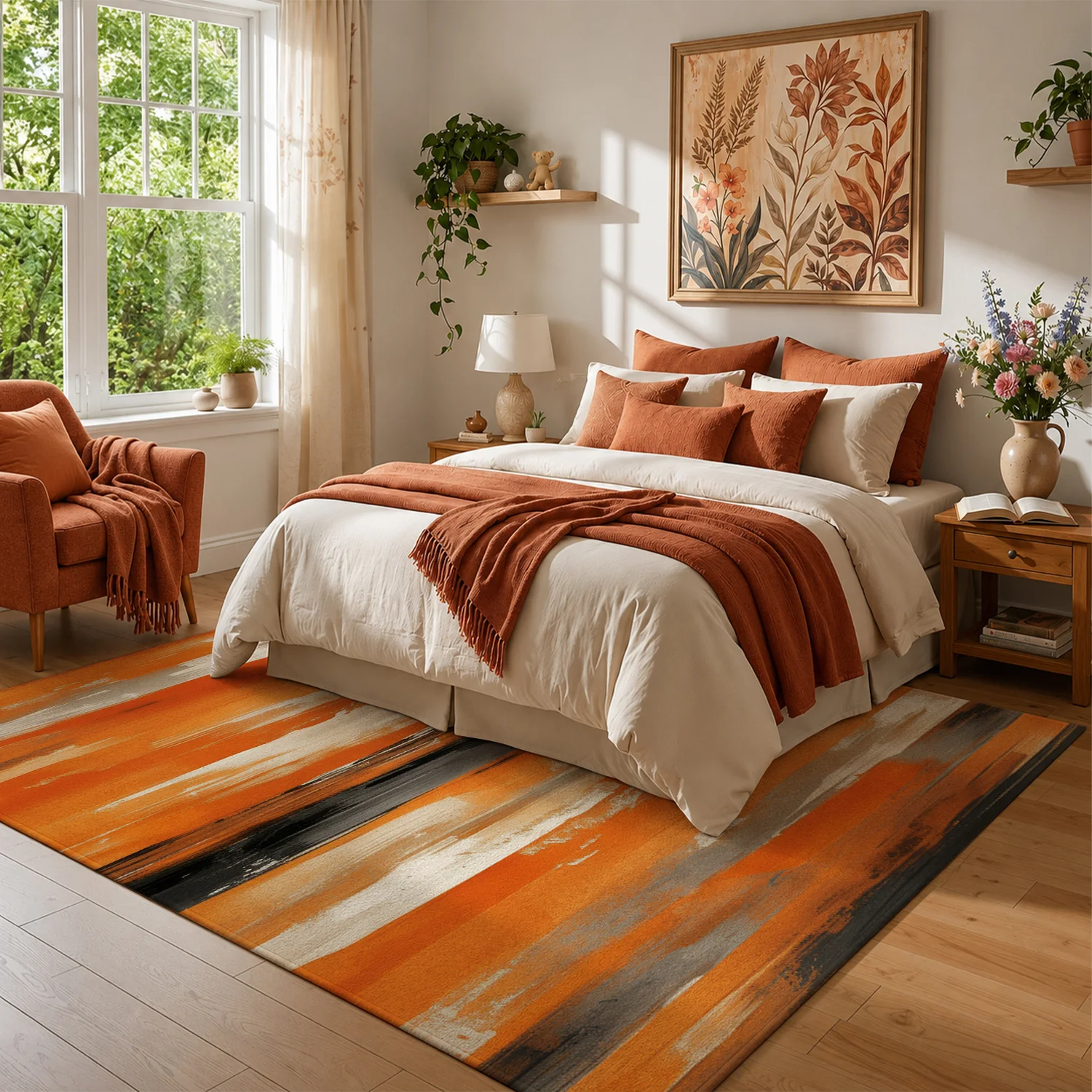 Large Indoor Area Rug, Soft Velvet Low Pile with Non-Slip Dotted Backing, Machine Washable Abstract Orange Black Gray Brush Stroke Rug for Living Room and Bedroom, Modern Abstract Art Floor Rug for Home Decor