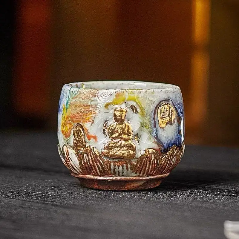 Handmade Zhino Dunhuang Cave Lotus Round With Gilt Relief Buddha Design Ceramic Master Cup Tea Tasting For Personal Use And
