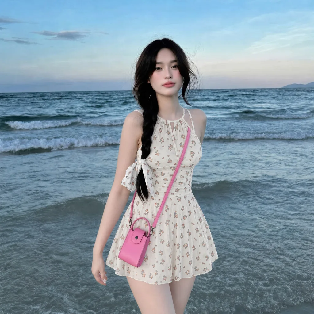 Sexy Korean fashion white floral print swimsuits spaghetti mini dress culottes bodysuits swimwear bathing suits tankini biquini