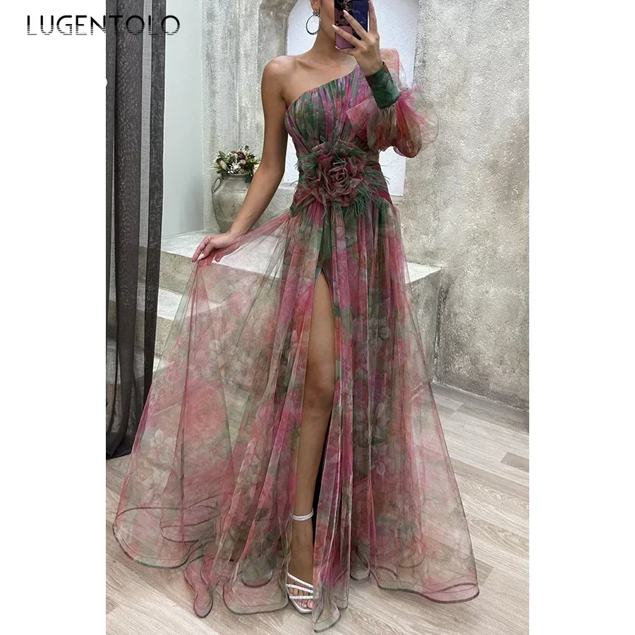 Women Sexy Party Dress Mesh Cut-outs Waist Split End Slanted Shoulders Big Swing Fashion Sleeveless Slim Floral Print Long Cloth