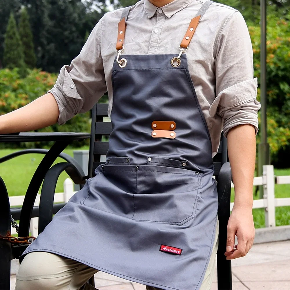 Fashion Unisex Work Apron for Men Canvas Black Apron Bib Adjustable Cooking Kitchen Aprons for Woman with Tool Pockets