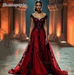 Black And Red Gothic Wedding Dresses Lace Appliques Short Sleeves Long A-Line Vintage Bridal Gowns 2025 Customized Vestido