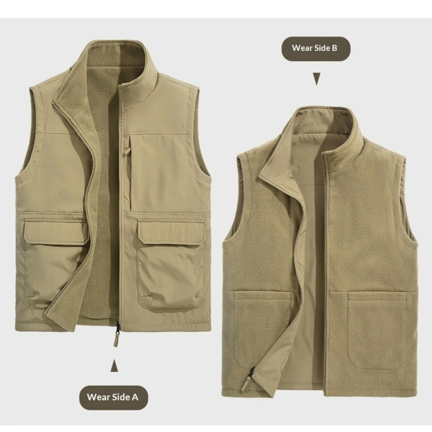 Mens Reversible Fleece Vest Multi Pocket Stand Collar Zip Up Sleeveless Casual Outerwear for Autumn Winter Daily Wear and Travel