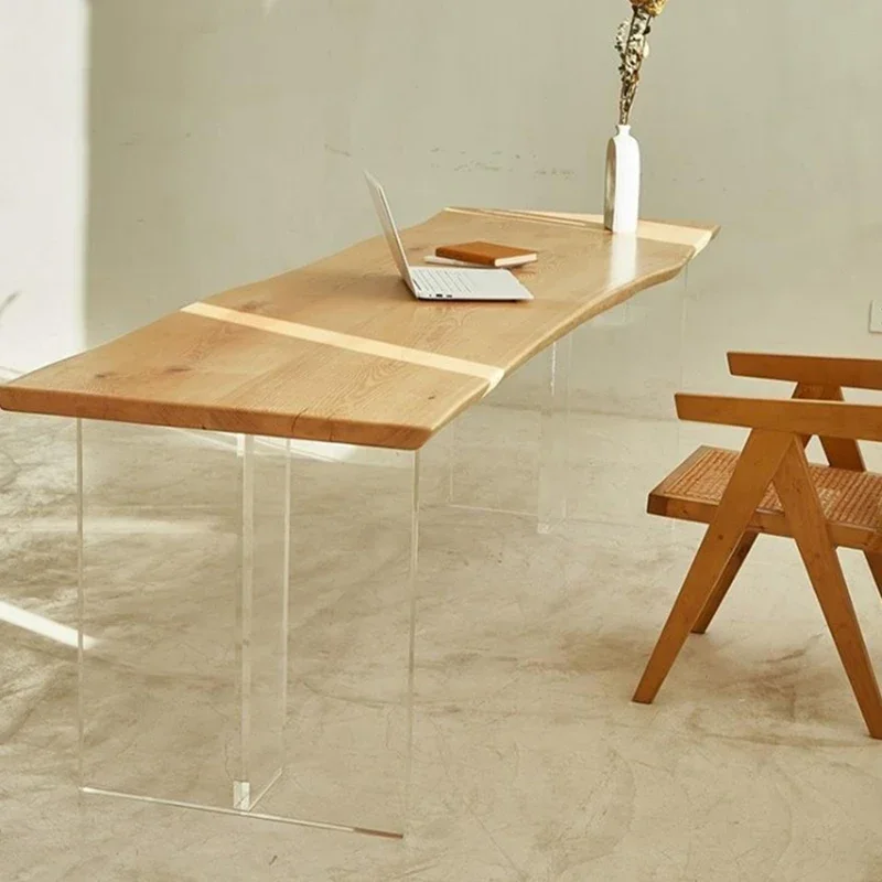 Wabi-sabi Solid Wood Suspended Tea Table Acrylic Legs Irregular Large Board Log Table and Chair Custom Furniture 120-240cm