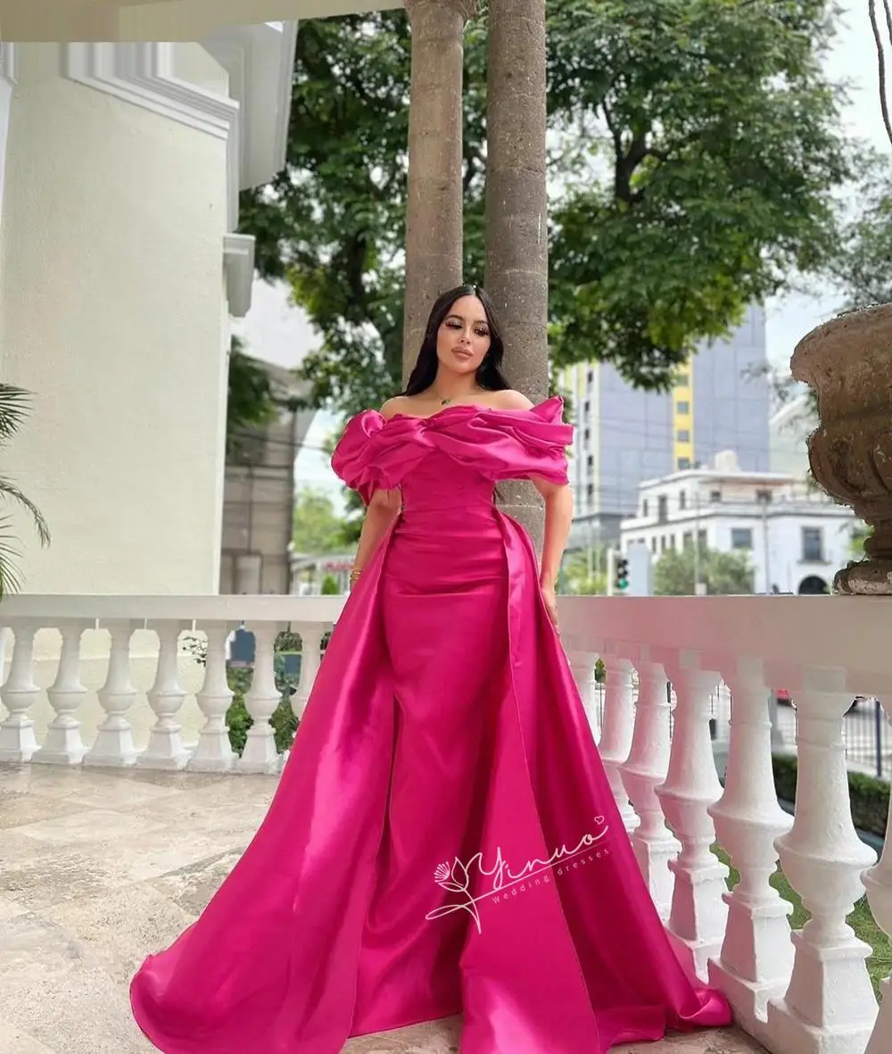 

customized Fuchsia Satin Evening Dresses Off Shoulder Mermaid Detachable Train Draped Party Dress 2025 Formal Prom Gowns