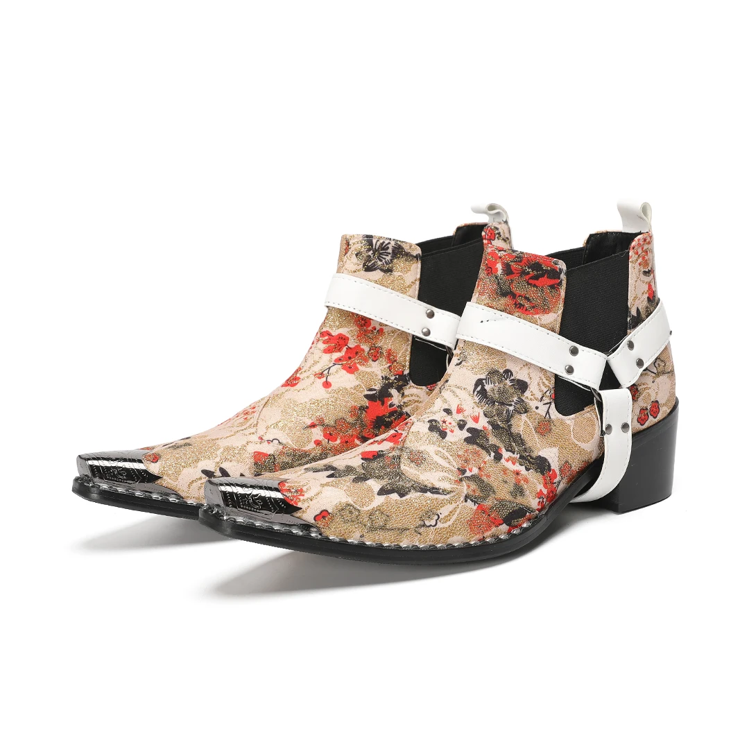 

Fashion Floarl Print Men Genuine Leather Party Dress Boots Plus Size Wedding Prom Formal Shoes Male Pointed Toe Chelsea Boots
