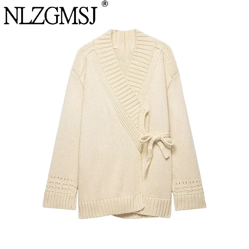 

NLZGMSJ Women Cardigan Jacket 2026 Spring Thick Long Sleeve Irregular Tie Up Loose Knitted Coat Casual Top Y2K