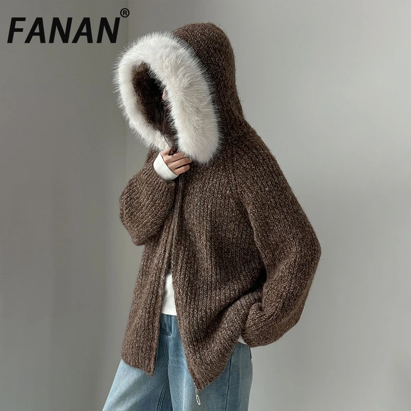 

FANAN Elegant Faux Fur Design Hooded Knitted Sweater For Women Double Zipper Long Sleeve Loose Warm Coats 2025 Winter New