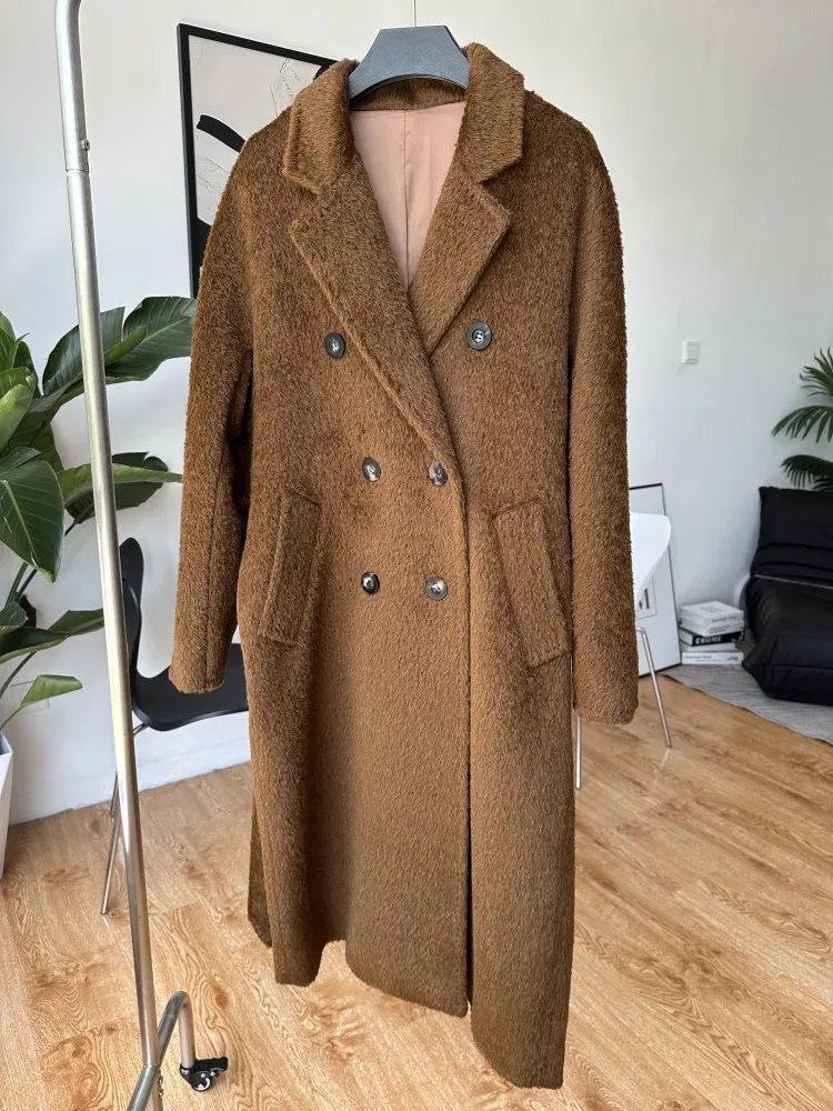 Casaco grosso de lã de alpaca feminino vintage, peito duplo, longo com renda, jaqueta solta de tweed, alta qualidade, novo, outono, inverno