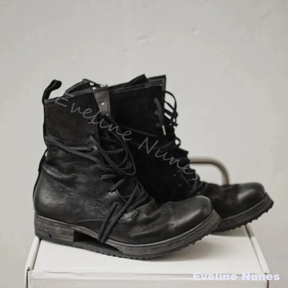 Tank-Style Sohlenstiefel aus Distressed-Rindsleder für Herren, unregelmäßige Schnürung, Combat-Schuhe, dunkle Gothic-Avantgarde-Streetwear-Knöchelstiefel
