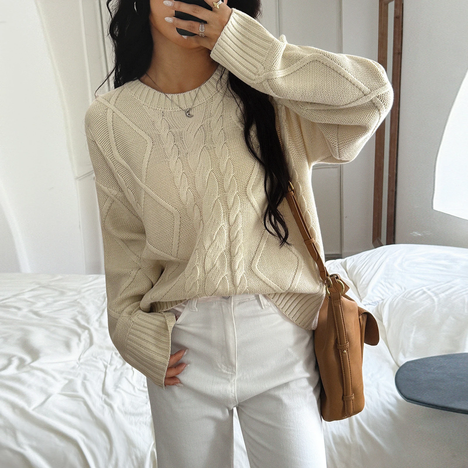 Klassischer Damen-Strickpullover für Herbst und Winter, langärmelig, Rundhalsausschnitt, einfarbig, Zopfstrickwaren