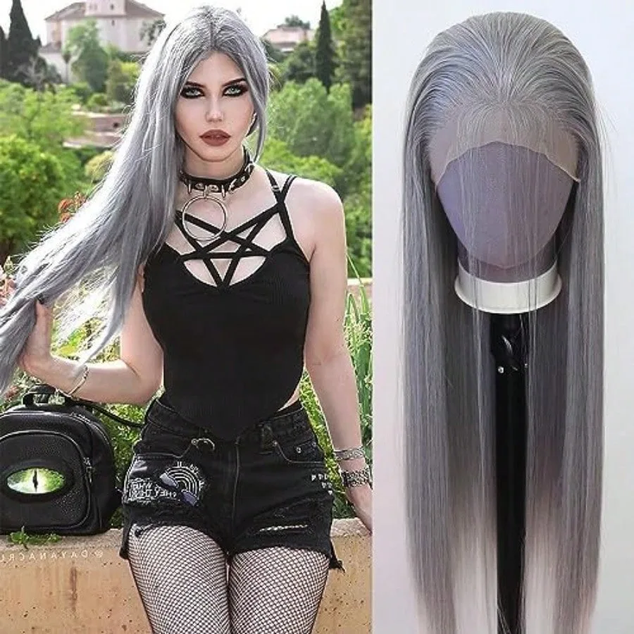 

Серый парик 13X4 HD с прозрачной прямой кружевной передней частью, предварительно сформированный, без клея, синтетический и комбинированный кружевной парик для повседневного использования и косплея для женщин