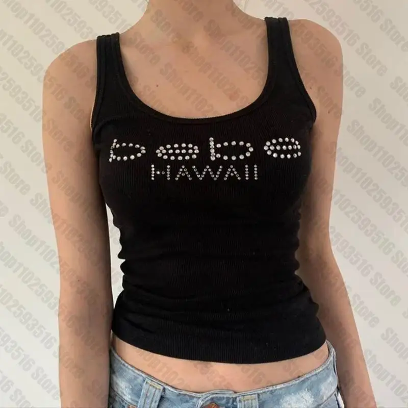 Camisetas sin mangas con estampado de letras Harajuku para mujer, Top corto acanalado, ropa de calle Sexy ajustada para fiesta y Club Y2K, ropa estética