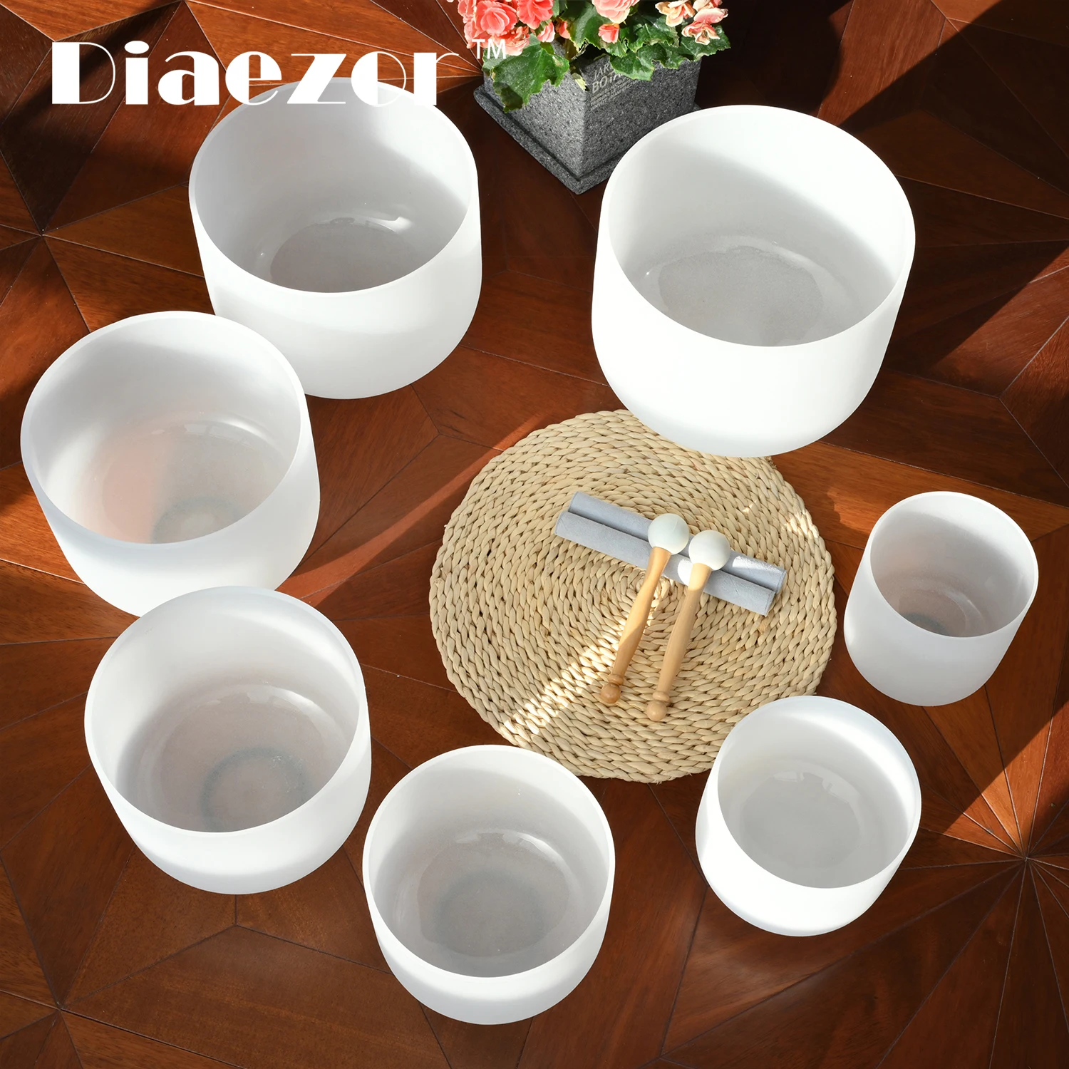 Diaezor 7-12 Inch 7Pcs White Crystal Singing Bowl Chakra Instrument For Sound Healing Deep Relaxation Meditation with Free Bags