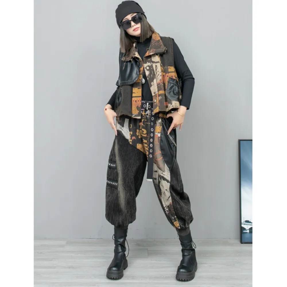 

Trendy Cool Personalized Vintage Printed Spliced Denim Lapel Vest + Small Feet Harem Pants Two-piece Set 2024 Autumn LX1981