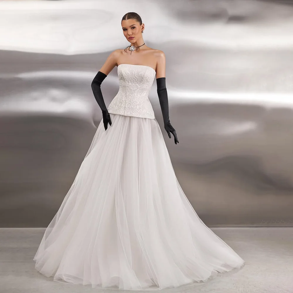 

Simple Strapless A-Line Wedding Dress Sleeveless Tull Skirt Back Zipper Bridal Gown Customized For Wedding robe de mariée