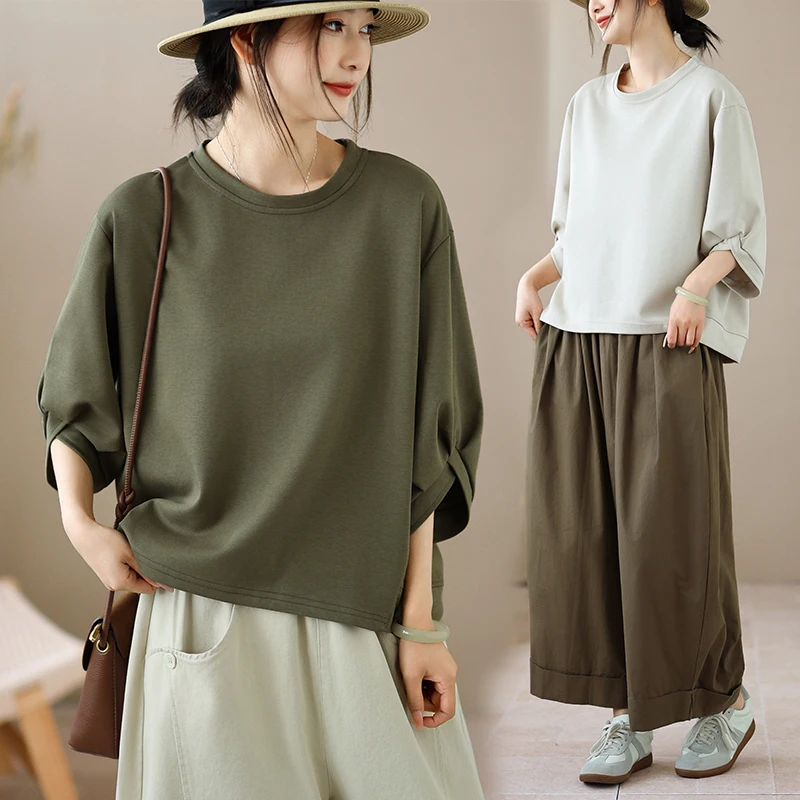 

European Style plus Size Women's round Neck Overhead T-Shirt Five Sleeve Pure Color Base Shirt Commute Artistic Style Regular...