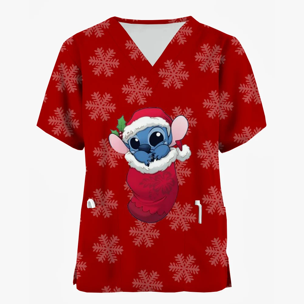 Disney Stitch Print Hospital Nursing Surgery Scrubs Tops Women Merry Christmas Dental Clinic Work Uniforms Blouse Doctor Clothes