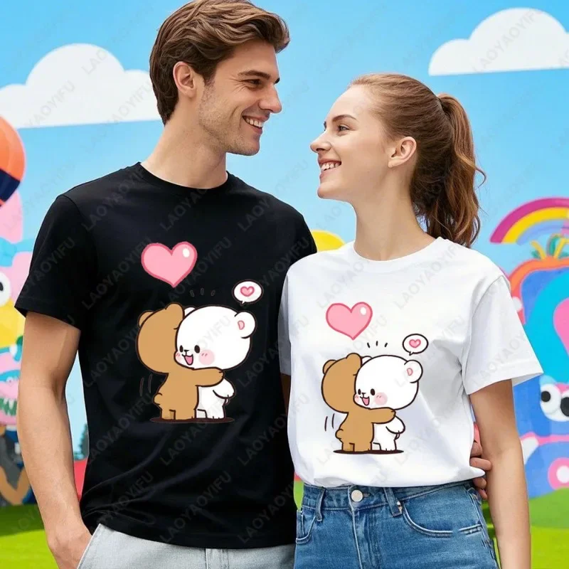 

Fun with Bear Hug Heart Printing O-neck Tops Milk Mocha Bear Couple Gift Tshirt Summer Streetwear Cotton T-Shirts Men Women Tees