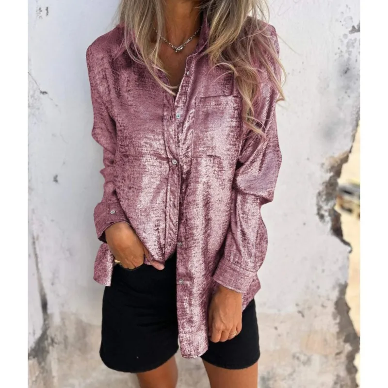 Women Shinny Golden Long Sleeved Fashion Blouse Vintage Solid Loose Shirt 2024 Spring Summer Casual Top Streetwear Blusa Camisas