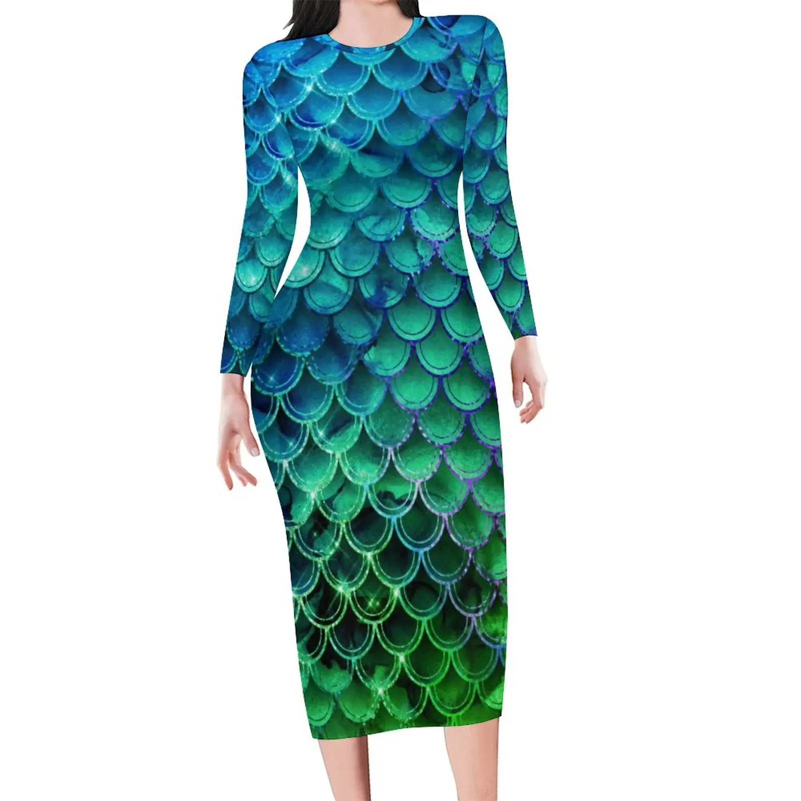 Fish Mermaid Dress Long Sleeve Blue Green Ombre Elegant Dresses Summer Women Street Wear Graphic Bodycon Dress Large Size